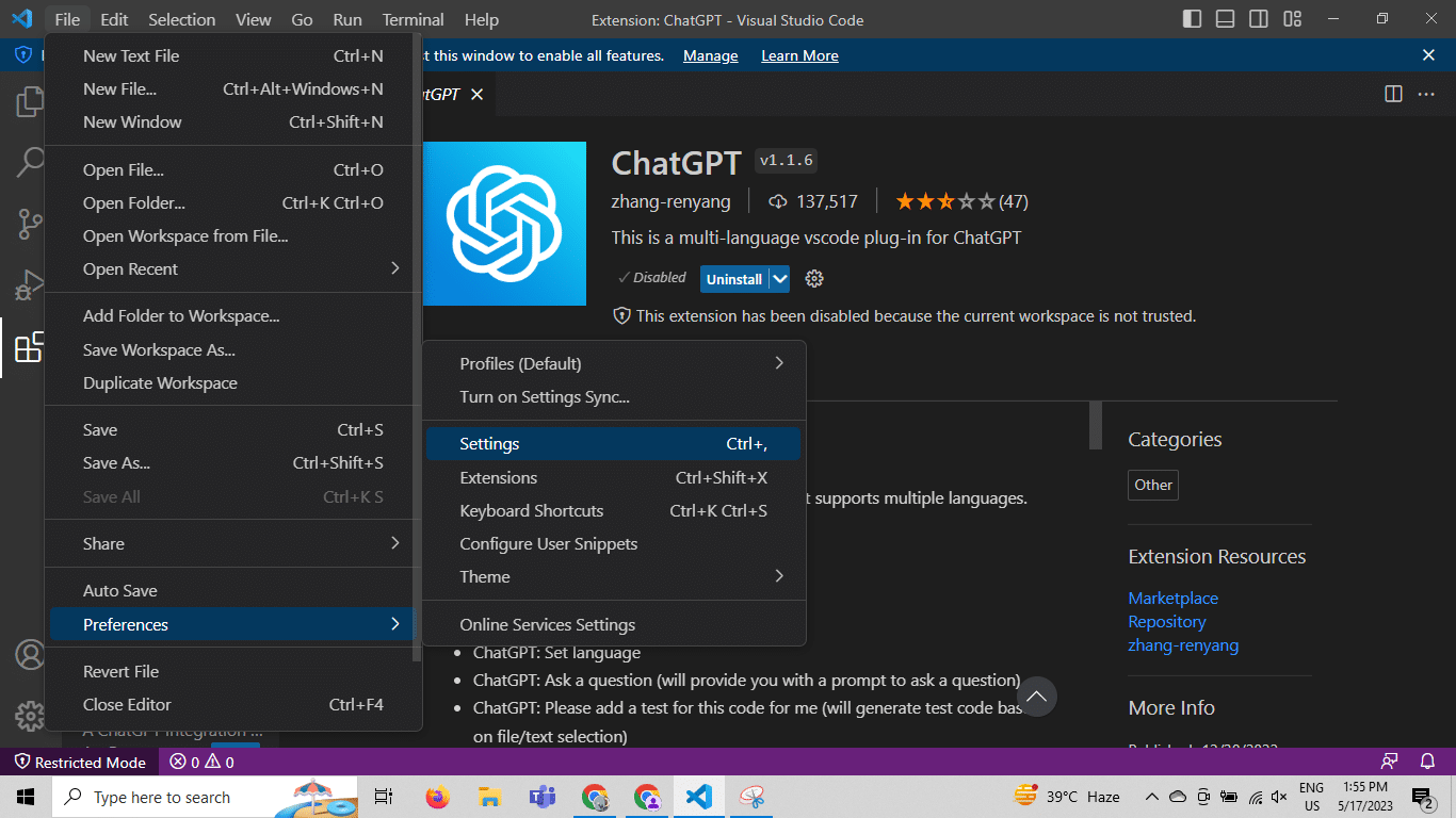 Install the ChatGPT Extension for VS Code - step 2